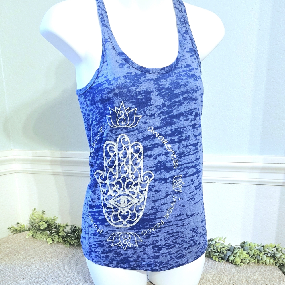 Funky Yoga | Blue Tank Top with White Hamsa Design | Size Small